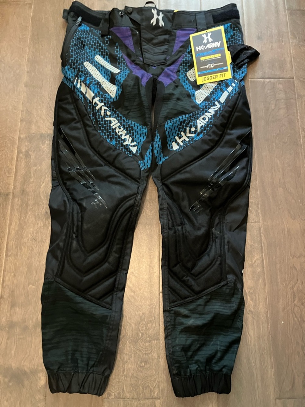 NWT HK Army Jogger Fit Paintball Pants - Black with Blue & Purple Accents large